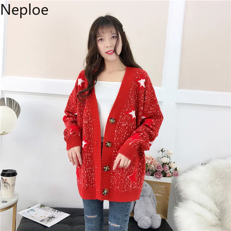 Neploe Корейская фея Свободный кардиган размера плюс пот звездное небо узор вязаный