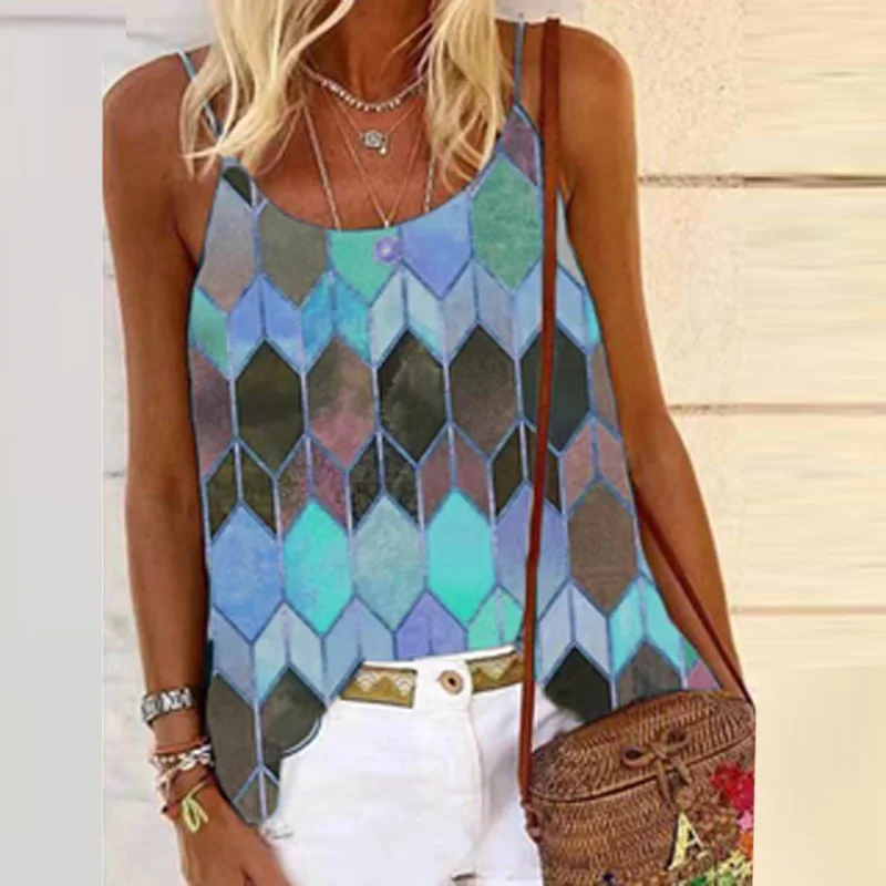 

3XL Women Vintage O Neck Sleeveless T Shirt 2021 Spring Summer Geometric Print Tee Tops Casual Harajuku Streetwear Shirts Mujer