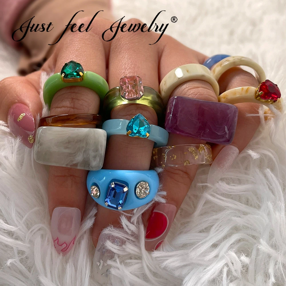 

JUST FEEL Korea Hot Multicolor Resin Crystal Geometric Rings For Women Fashuion Cute Square Round Heart Shaped Ring Jewelry Gift