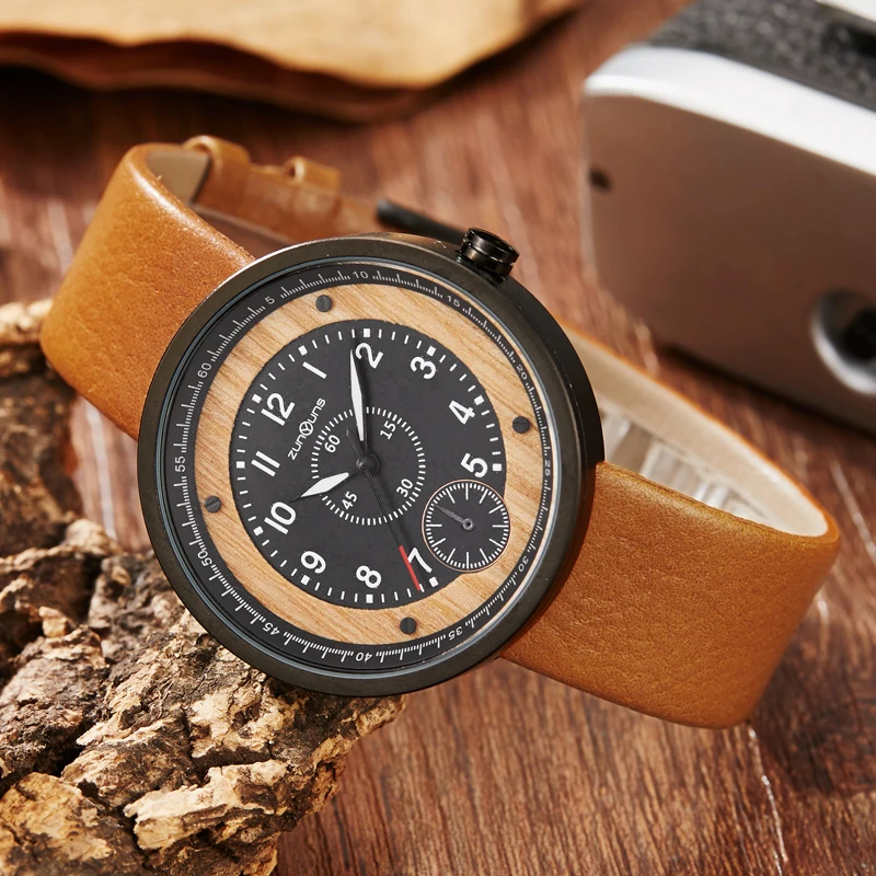 Мужские часы Топ бренд класса люкс деревянный циферблат повседневный кожаный