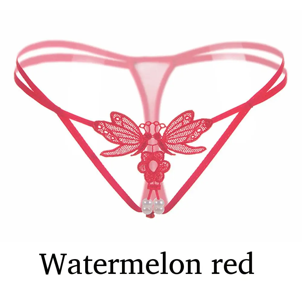 Watermelon red Женские сексуальные кружевные трусики с жемчужинами и вышивкой в виде бабочек, трусики-стринги, сексуальное эротическое Бандажное нижнее белье, стринги, бесшовное белье - Цвет: Watermelon red