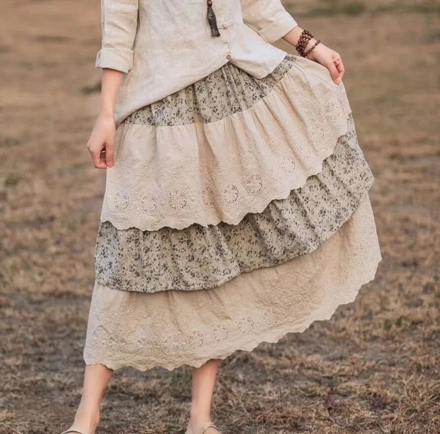 Женская винтажная льняная юбка с эластичным поясом Весенняя цветочной вышивкой