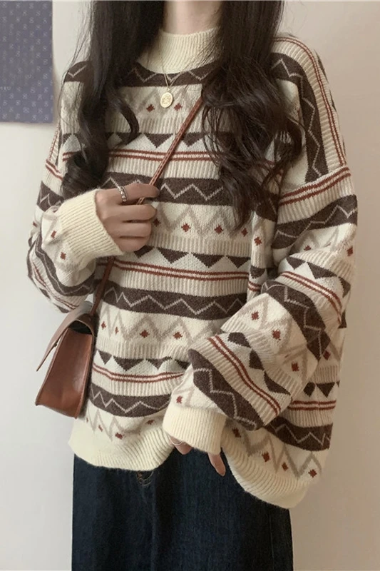 

Autumn Winter New Retro Idle Style Outerwear Loose Pullover Half Turtleneck Jacquard Knitted Long Sleeve Sweater Women's