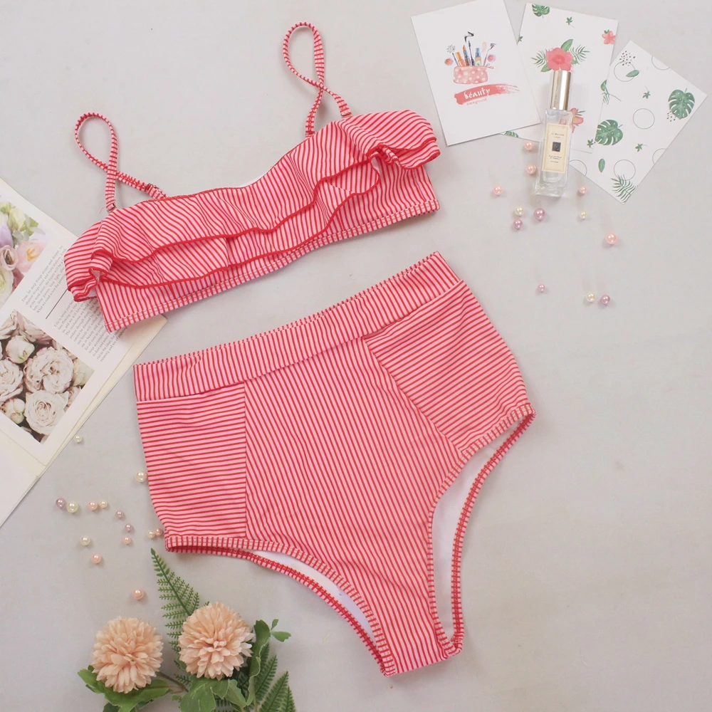 Сексуальный купальник в стиле ретро синий полоску бандо пуш-ап высокая талия