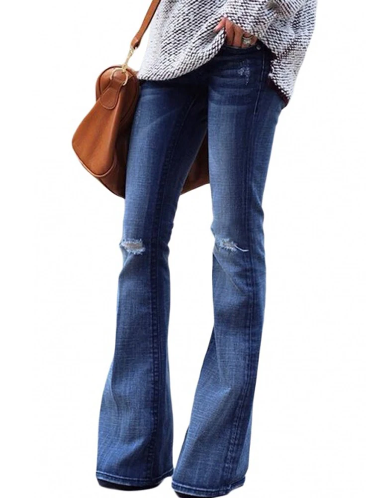 

Boot Cut Jeans For Women Flare Pants Knee Hole Slim Denim Trousers Cotton Mid Waist Vintage Clothing Street Fashion 2021