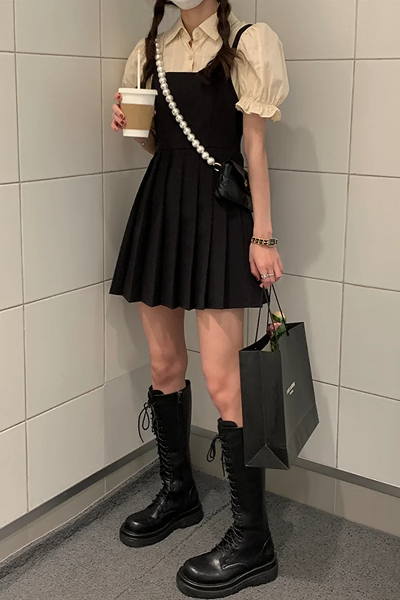 

Sweet Fake Two-Piece Dress Korean Style Slim Fit Puff Sleeve Stitching Design Pure Desire Chiffon Pleated Skirt