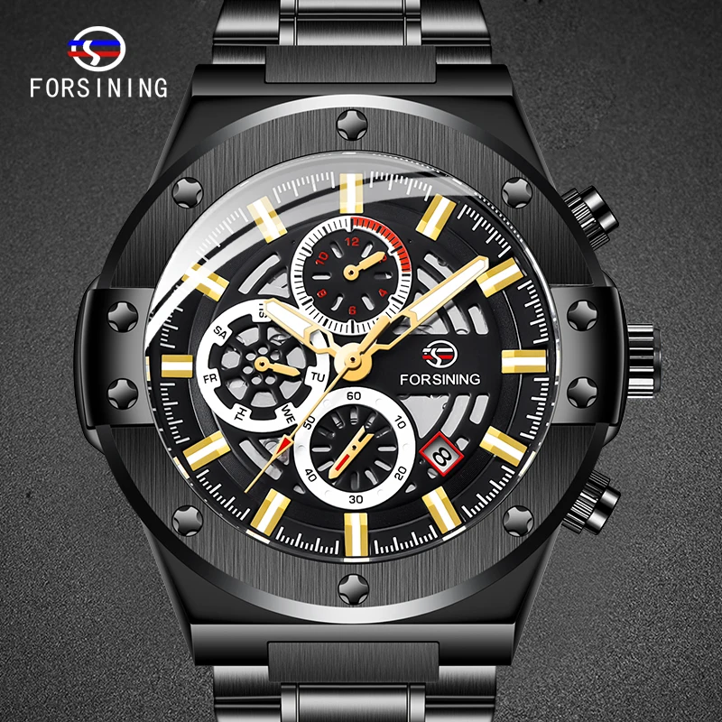 

Male Watch Black Men Clock 3 Sub-Dial Design Mechanical Automatic Man's Wristwatch Waterproof Man's Clock
