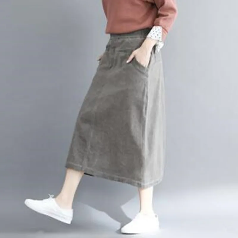 

Autumn Winter Women Casual Skirts Elastic Waist Solid Plus Size Skirt Femme Vintage Mid-Calf A-line Skirt 2020 New J956