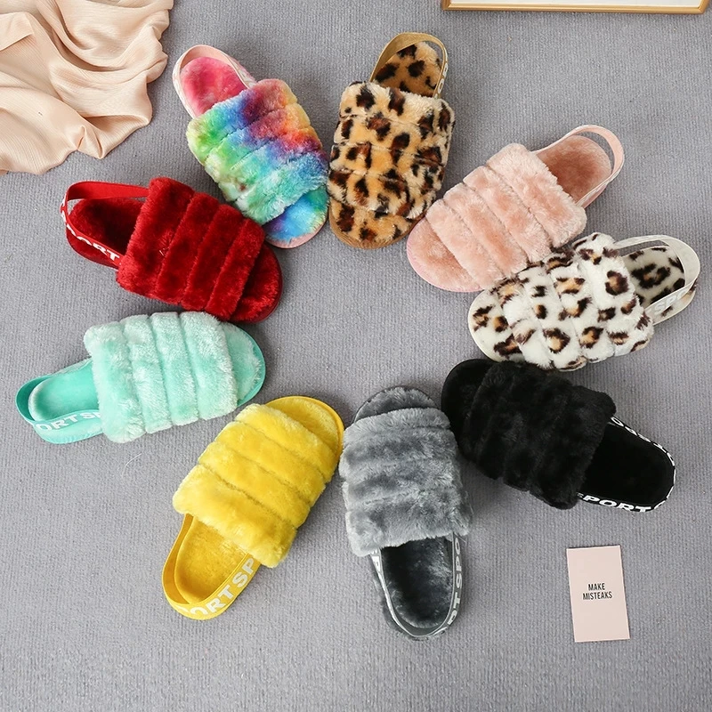 

2021 Autumn Winter Charming Indoor Furry Strap Shoes Warm Female Fluffy Plus Velvet Flat Slippers Cozy Faux Fur Slipper Women