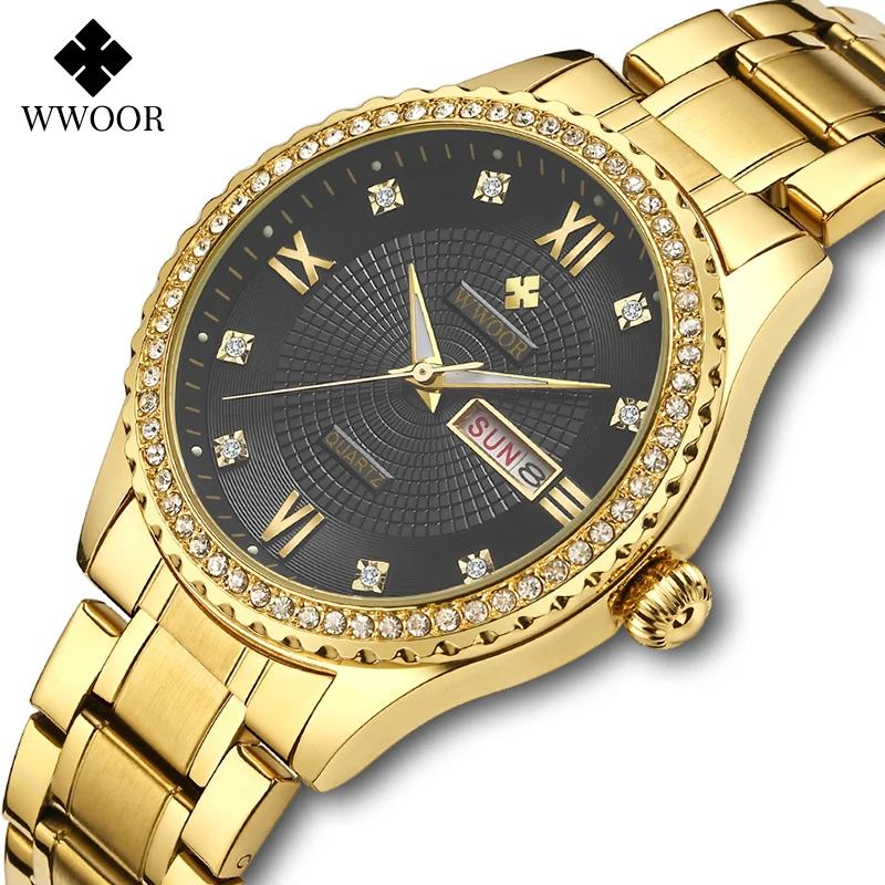 

WWOOR Luxury Gold Black Watch Men Fashion Design Quartz Diamond Clock Stainless Steel Waterproof Week Date Wristwatches with Box