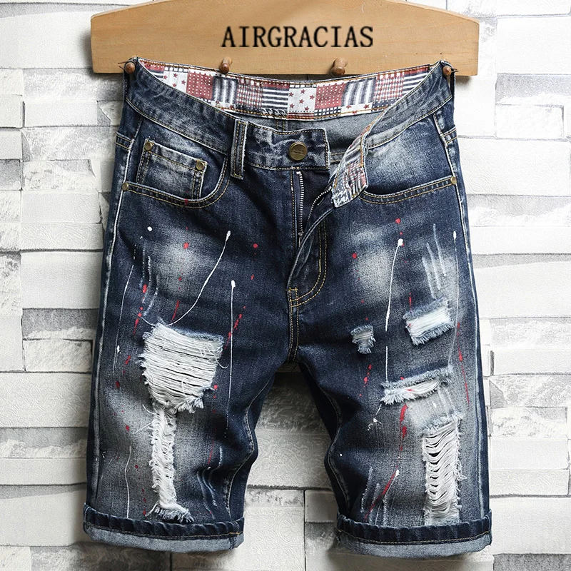 

AIRGRACIAS 2021 Denim Shorts Men's Summer New Jeans Short Style Beach Daily Travel Holes Scratches Inkjet Five-Point Pants