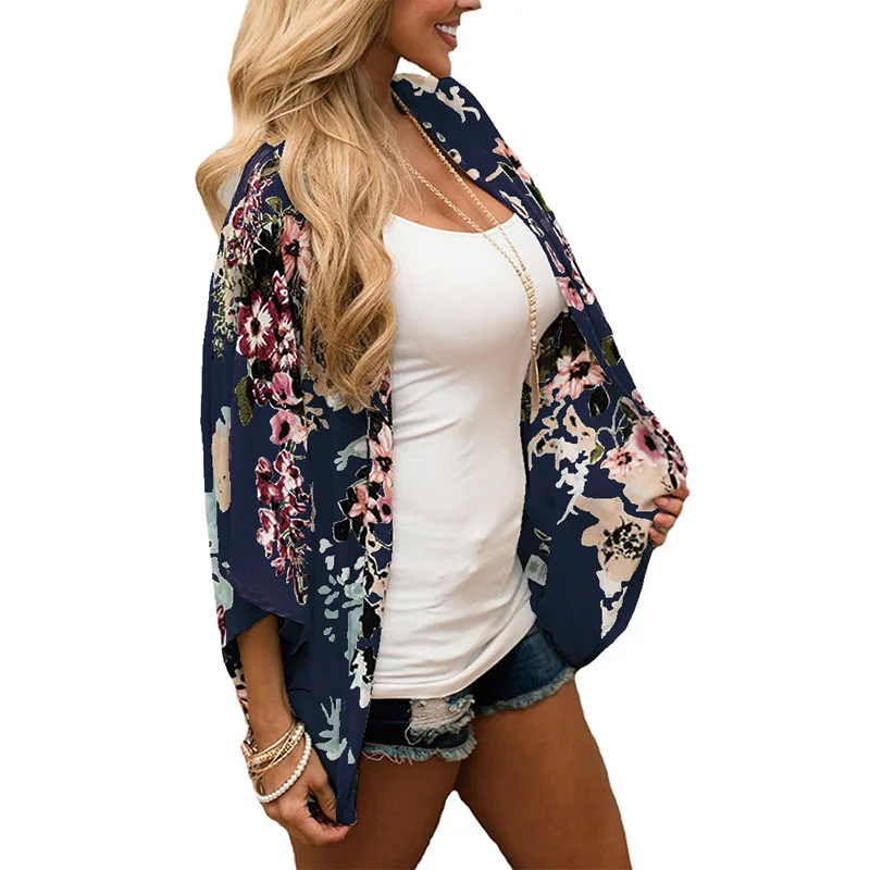 

Retro Chiffon Cardigans Plus Size Thin Half Sleeve Loose Women Tops and Shirts Navy Flower Floral Print Open Stitch Long Blouses