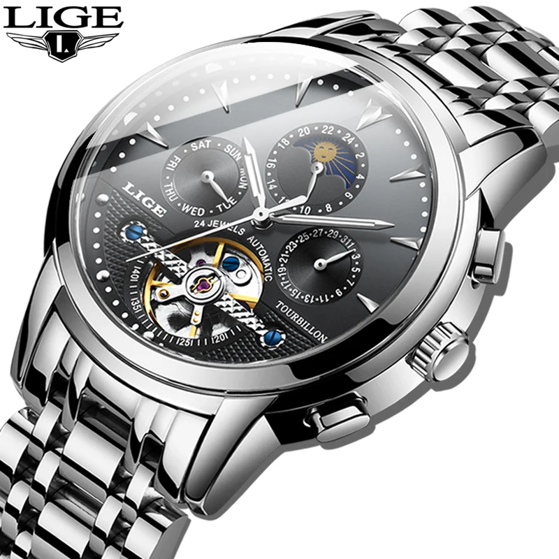 Часы наручные LIGE Мужские механические брендовые Роскошные Деловые в стиле