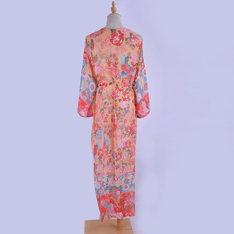 Женское шифоновое платье-кардиган Boho повседневное красное пляжное с цветочным