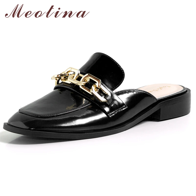 

Meotina Natural Genuine Leather Women Mules Square Toe Flats Chain Footwear Design Summer Slip On Shallow Lady Shoes 2021 New