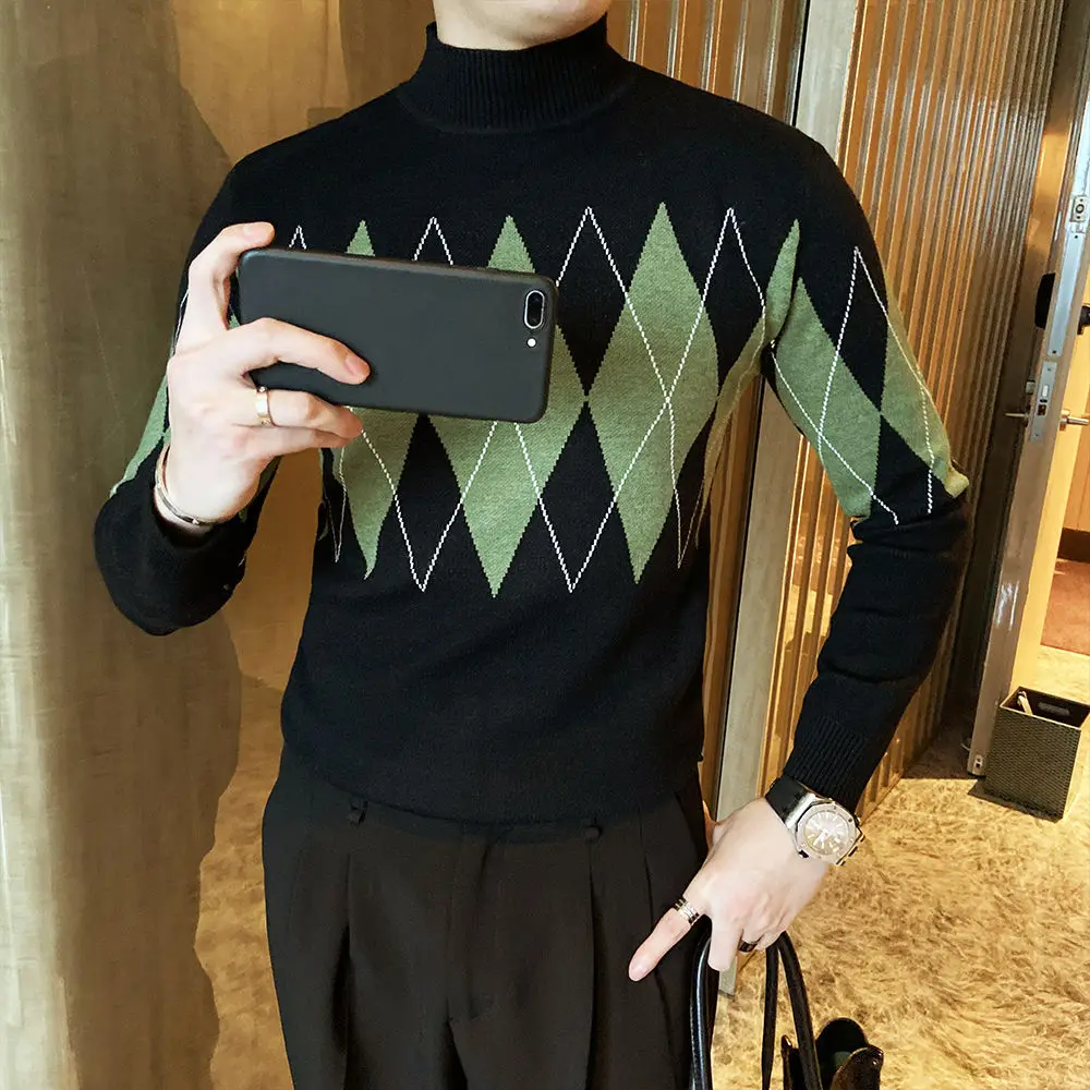 Свитер Мужской трикотажный облегающий с высоким воротником в клетку | Мужская