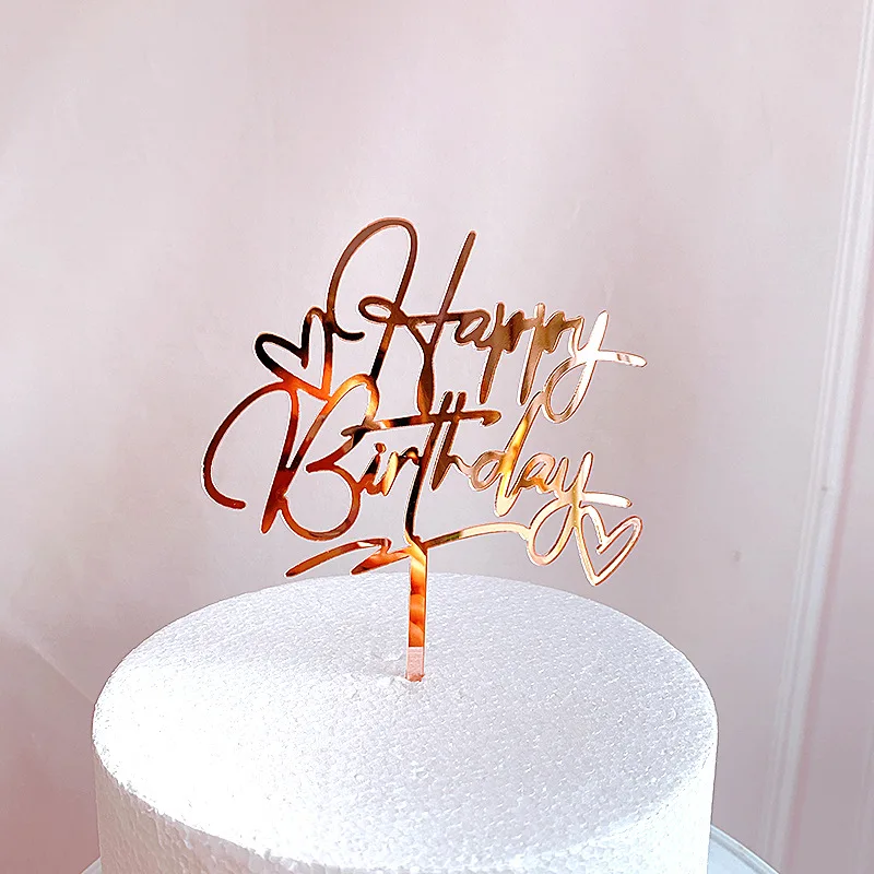 

New Happy Birthday Cake Topper Rose Gold Heart Birthday Acrylic Cake Topper For Kids Birthday Party Cake Decorations Baby Shower