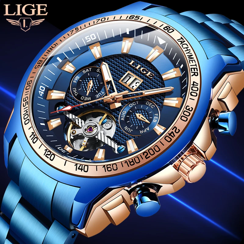 

LIGE Men Automatic Tourbillon Watches Skeleton Mechanical Watch Sport Waterproof Automatic Watch Male Clock Relogio Masculino