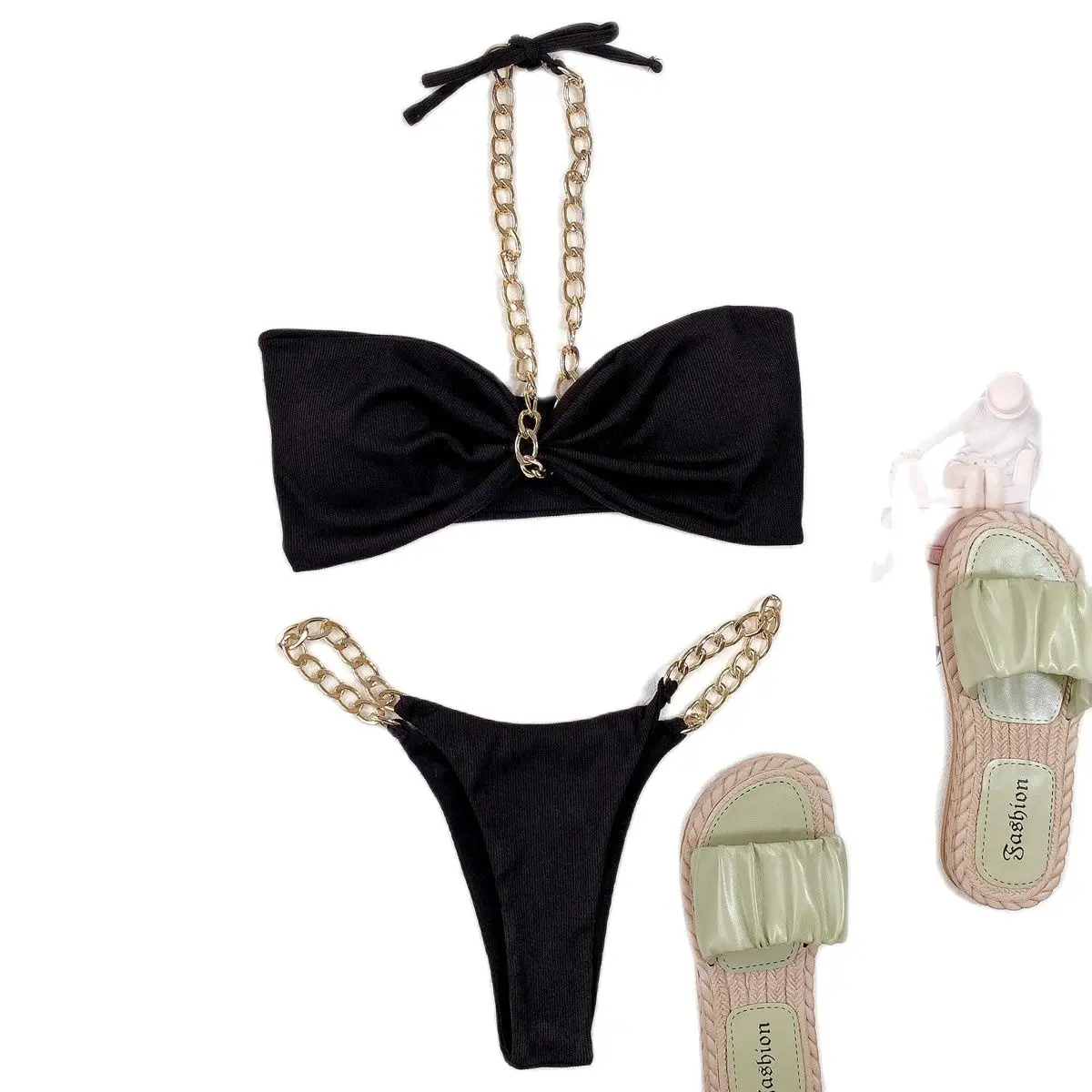 

2021 European and American ladies split swimsuit solid color sexy chain bikini