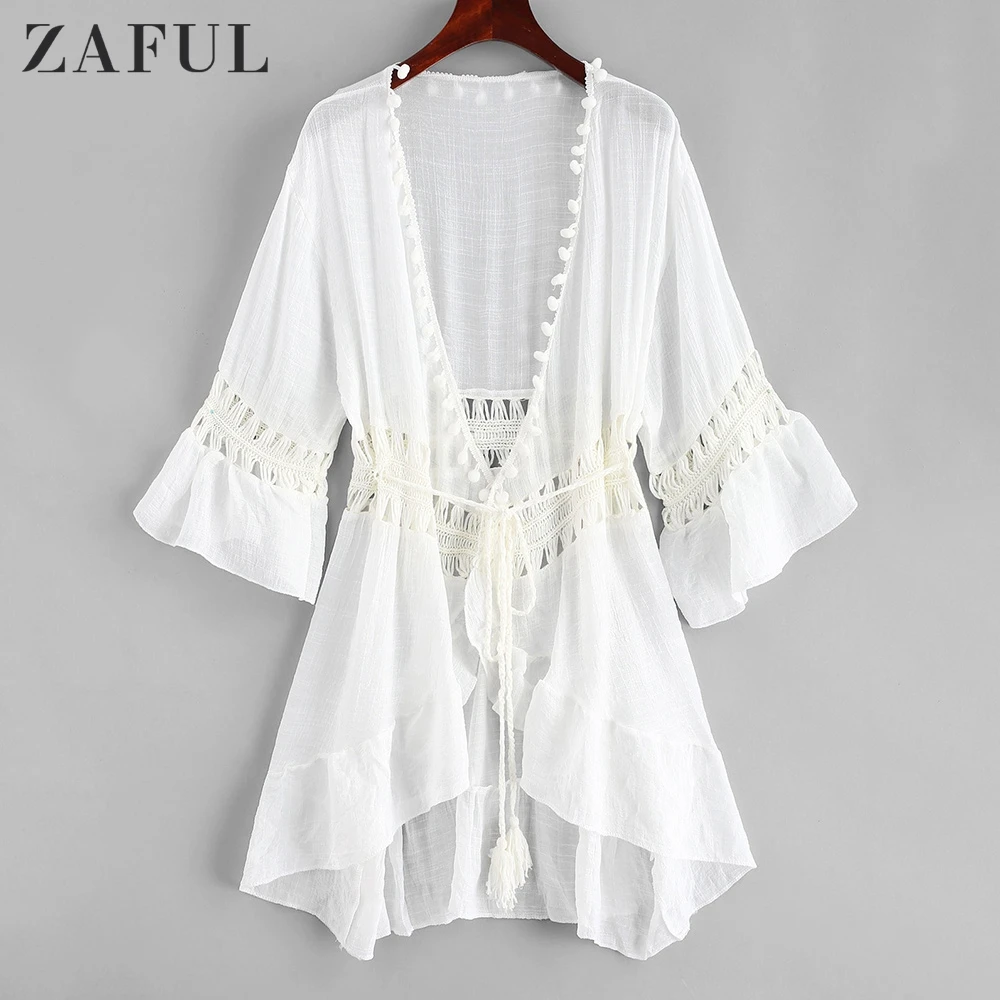 

Zaful White Crochet Bikini Cover Up Ruffle Women Sexy V-neck Tunic Beach Dress Robe 2022 Summer Bathing Suit Beachwear