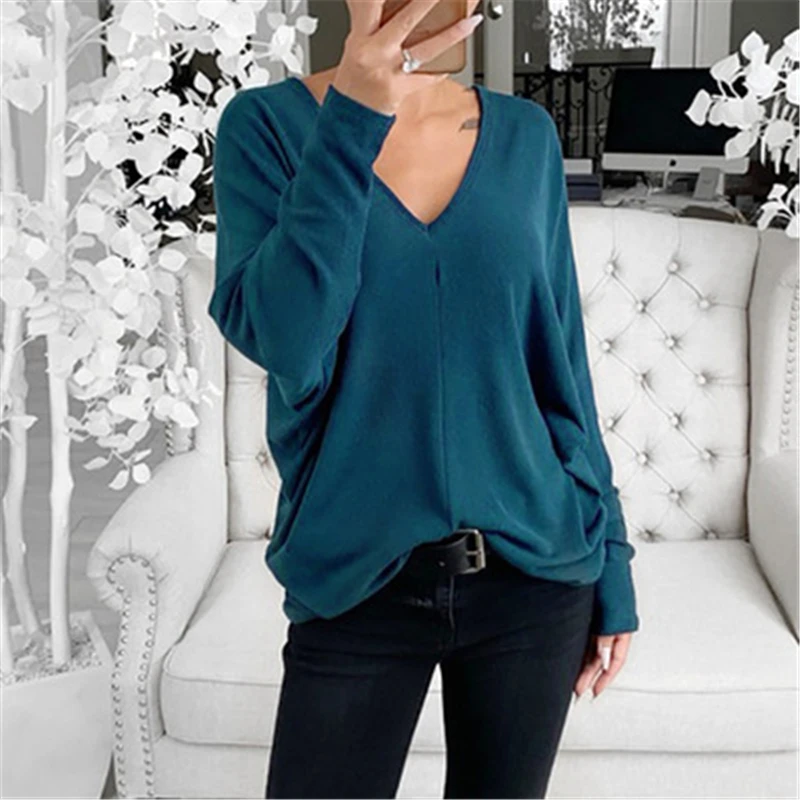 

Women V-Neck Top Long Sleeve Thin Casual Loose T-Shirt Bat Sleeve Solid Color Sexy Tee Fall Spring Clothes