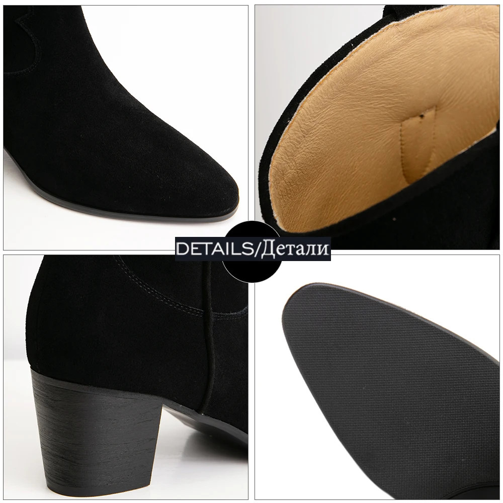 

ISNOM Cow Genuine Leather Western Boots Women Mid-Calf Boots Pointed Toe Thick High Square Heels Female Winter Boots Cowboy 2020