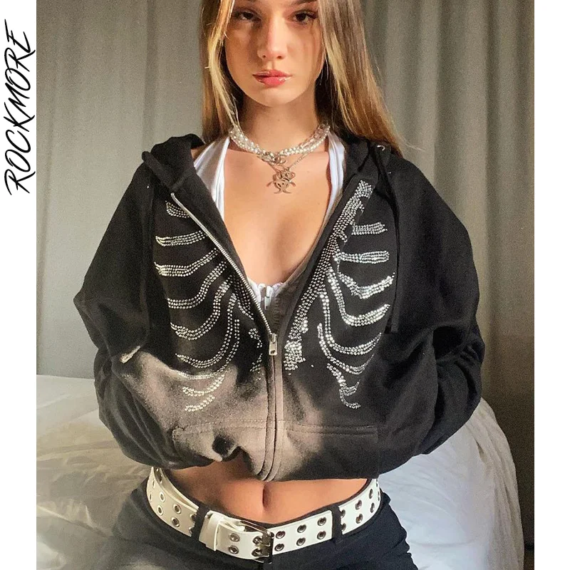 

Rockmore Rhinestone Hoodies Women'S Oversized Sweatshirts Harajuku Pockets Hooded Zip Up Jacket Femme y2k Autumn Grunge Top 2021