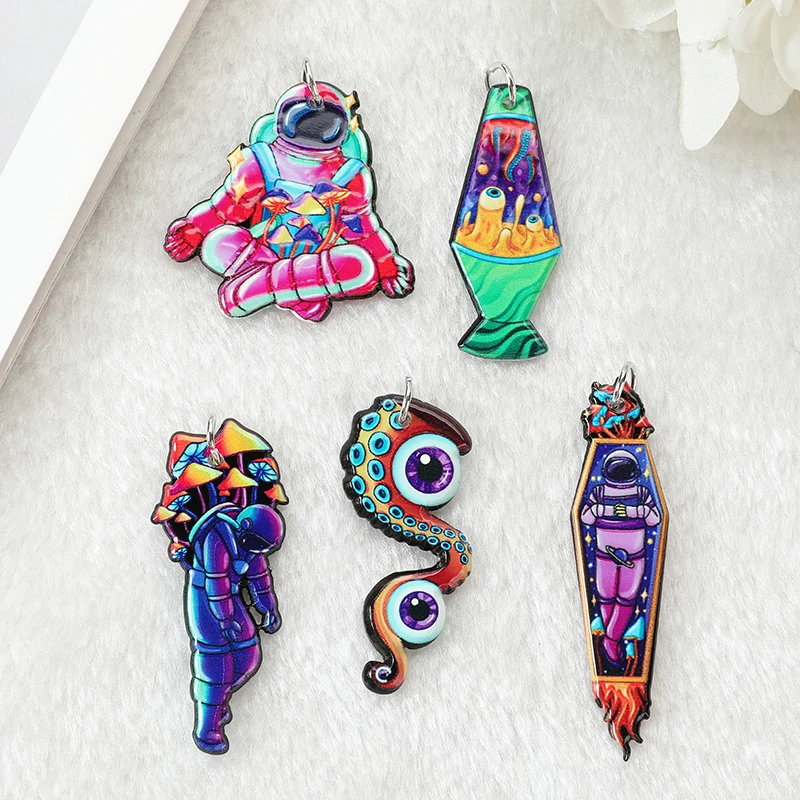 

10Pcs Space Trip Charms Psychedelic Astronaut Mushroom Spaceman Rocket Pendant For Earring Necklace Diy Making