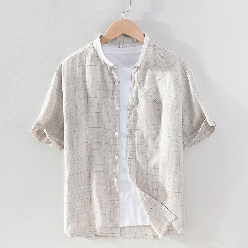 

New Short-sleeve Pure Linen Casual Plaid Brand Shirts For Men Fashion Comfortable Tops Clothing Camisas De Hombre Drop Shipping