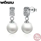 Женские серьги-капли из серебра 100% пробы с прозрачными фианитами и жемчугом, BKE006