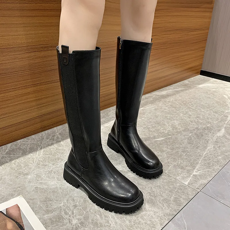 

2022 New Women's Combat Boots Fall Women's High Platform Gothic Shoes Black Leather Boots Rear Zipper Women's Knee High Boots