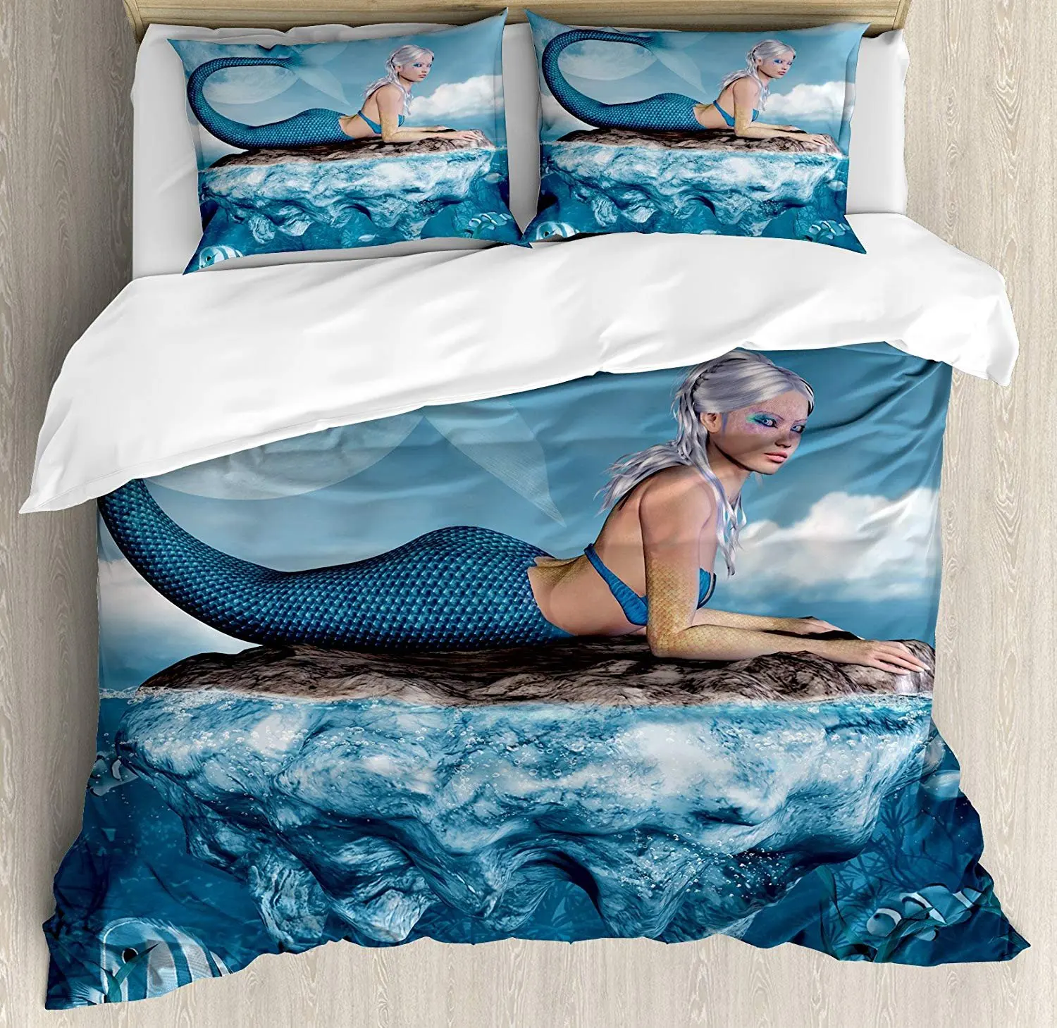 

Постельное белье Русалочка набор графическое искусство русалки девушка на рок в море мифический герой пододеяльник наволочка Комплект пос...
