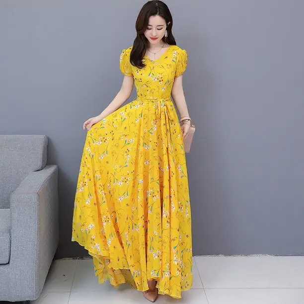 Yellow Pink Blue Flower Spring Dress Large Size Women Short Sleeve Floral Print Long Chiffon Dresses Swing Vestidos 4XL AE515 |