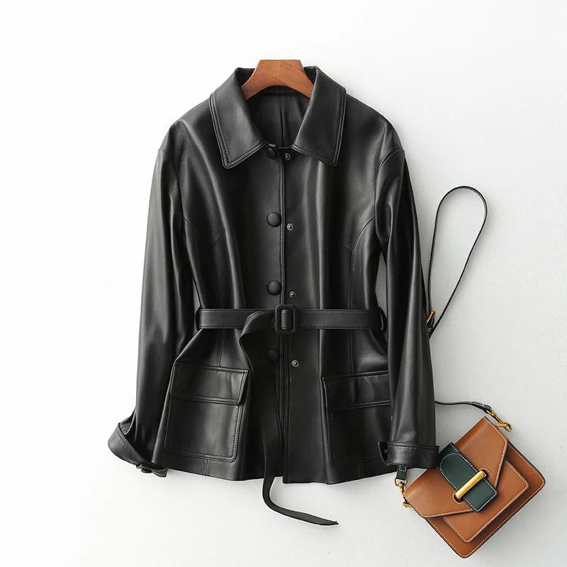 

With Belt Punk Black Jackets Ladies Basic Coats Loose Outwear High Street Women Leather Jacket Green Faux Leather Jacket