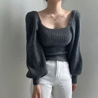 collar puff sleeve solid color knitted top for women autumn and winter thermal base slimming long sleeves fitted waist sweater