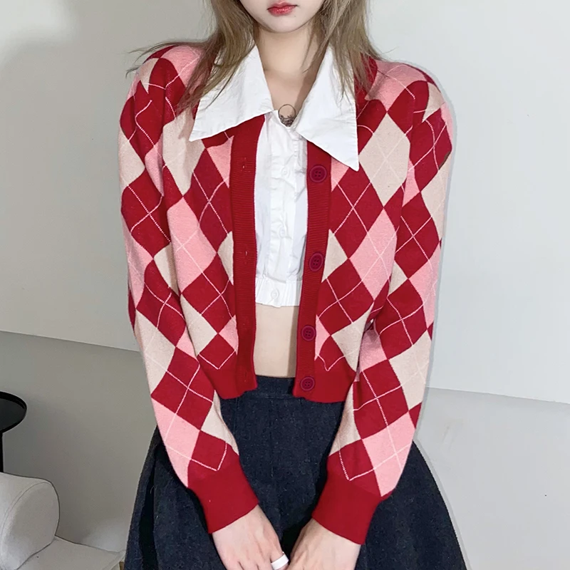 

Sweet Girl Red Pink Argyle Plaid Knitted Sweater Preppy Kawaii Single Breasted Full Sleeve Cardigans Jumpers Women Streetwear