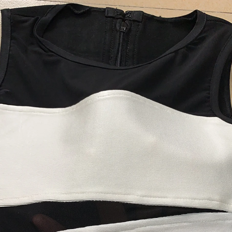 

Ailigou 2021 New Summer Sleeveless Bodycon Bandage Dress Feminine Black and White Lace Hollow Mini Club Celebrity Party Dress
