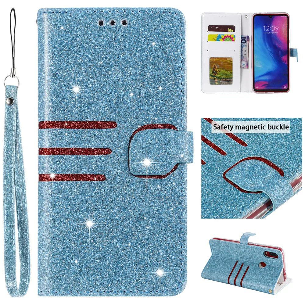 Роскошный блестящий чехол-книжка для Xiaomi Redmi Note 7 mi 8 Lite, чехол для телефона с отделениями для карт, Landyard