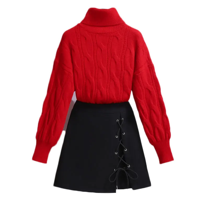 

Fall And Winter Women Twist Big Red Turtleneck Pullover Sweater Black Lace-Up Joker Skirt Two-Piece Outfit Knitwear Set