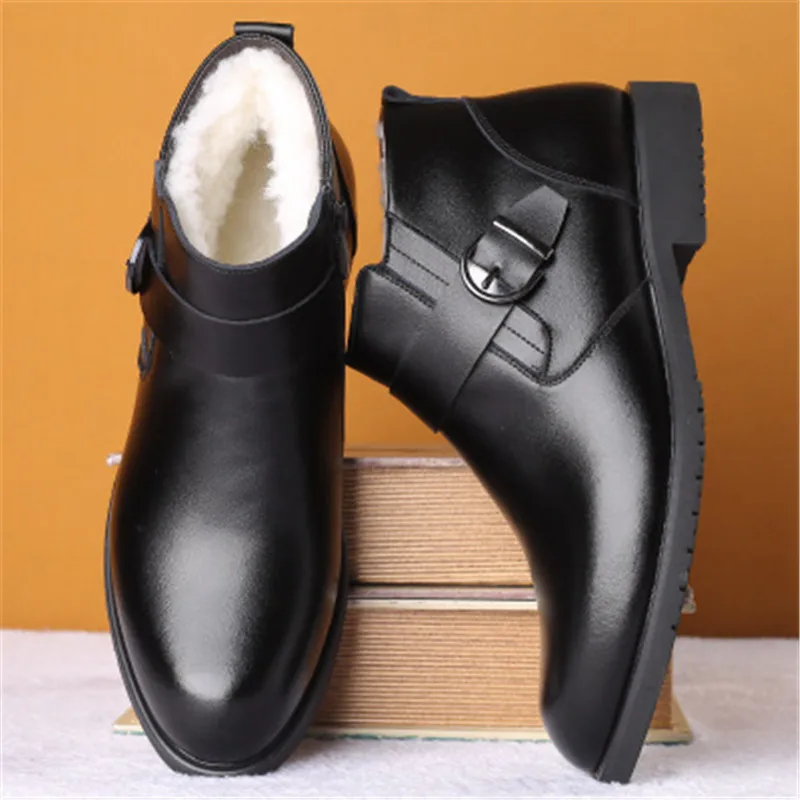 Мужские кожаные ботильоны ручной работы черные теплые ботинки на толстой