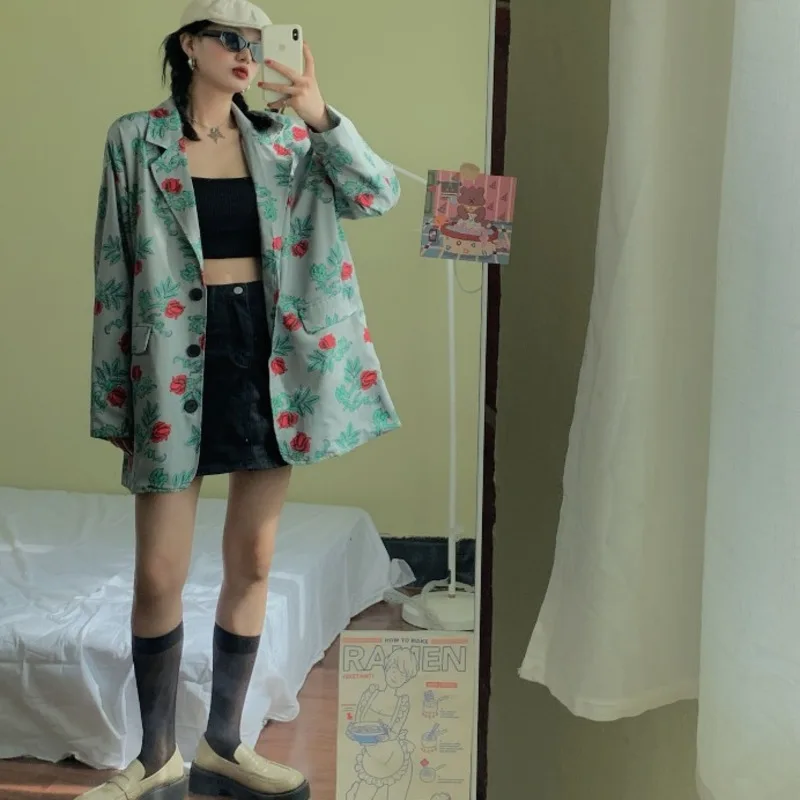

Spring And Autumn 2021 New Street Rose Print Coat Blazer Jackets For Women Y2k Loose Fit Oversize Long Sleeve Vintage Blazers