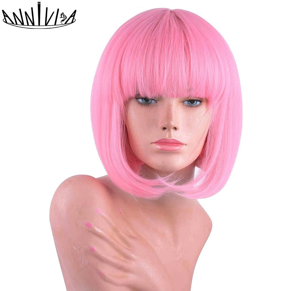 

Straight Hair Bob Wig With Bangs For Women Synthetic Glueless Wigs Medium Length Heat Resistant Short Hair Cosplay Wigs Annivia