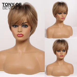 Short Layered Ombre Brown Wigs for Women Hairstyle Natural Hair Daily Wigs with Bangs Heat Resistant Synthetic Wigs