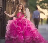 sweet hot pink pageant dress for children ball gown spaghetti strap tiered crystal beaded formal flower girls dress party gowns