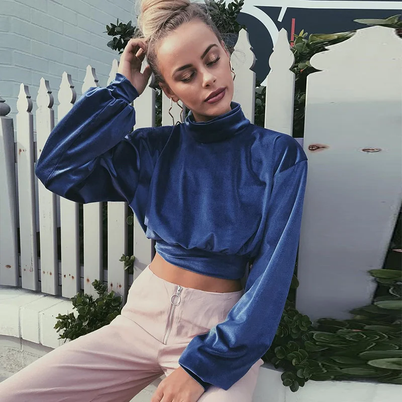 

Fashion Velvet Cropped Korean Sweatshirt Women 2021 Solid Turtleneck Long Sleeve Crop Top Sweatshirts Pullovers Tops