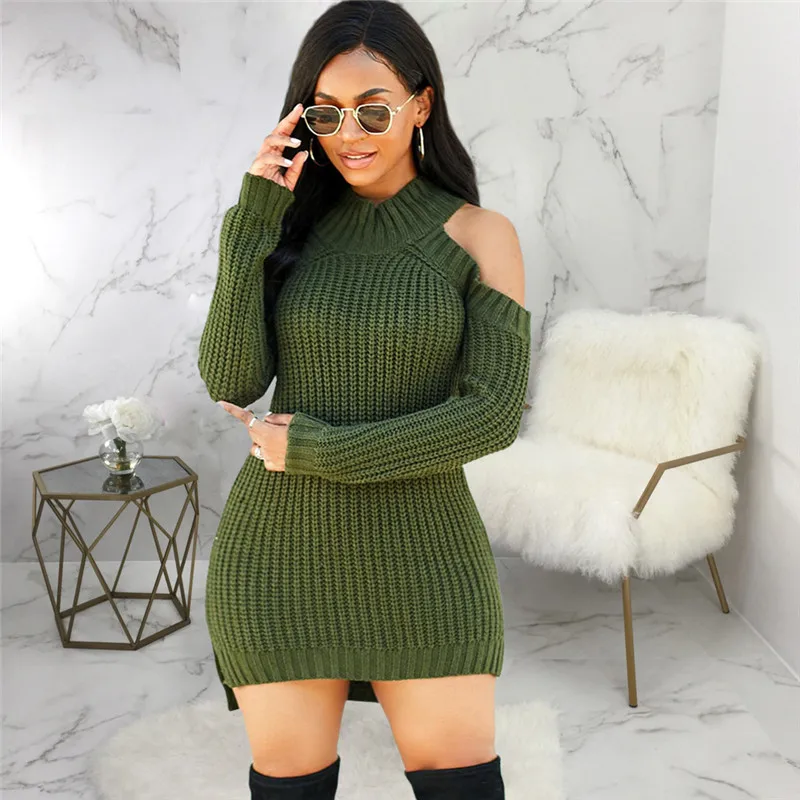

Autumn Winter Turtleneck Off Shoulder Knitted Sweater Dress Women Solid Slim Plus Size Long Pullovers Knitting Jumper