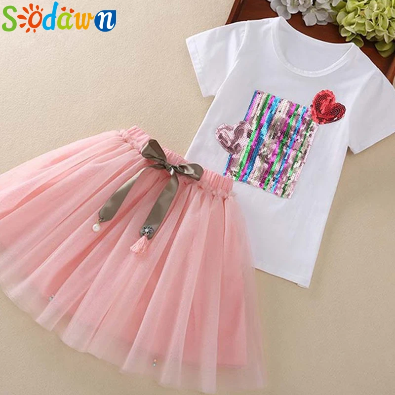 Sodawn/летние детские комплекты одежды для девочек Футболка с короткими рукавами и