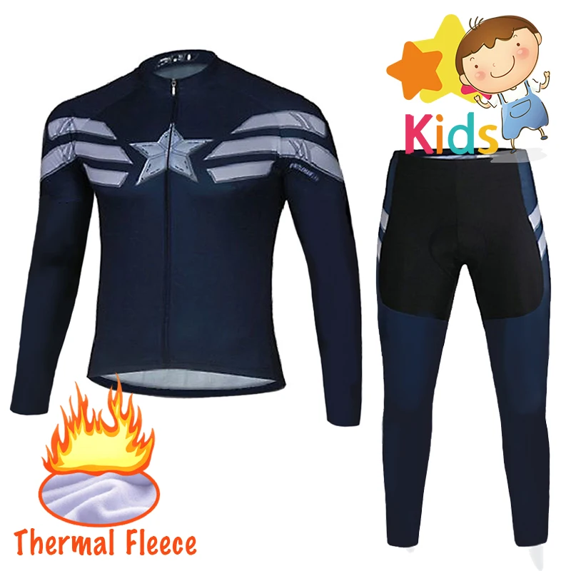 

Детский трикотажный комплект для велоспорта Captain America, детский зимний комплект для велоспорта с длинными рукавами, теплый флисовый комплект...