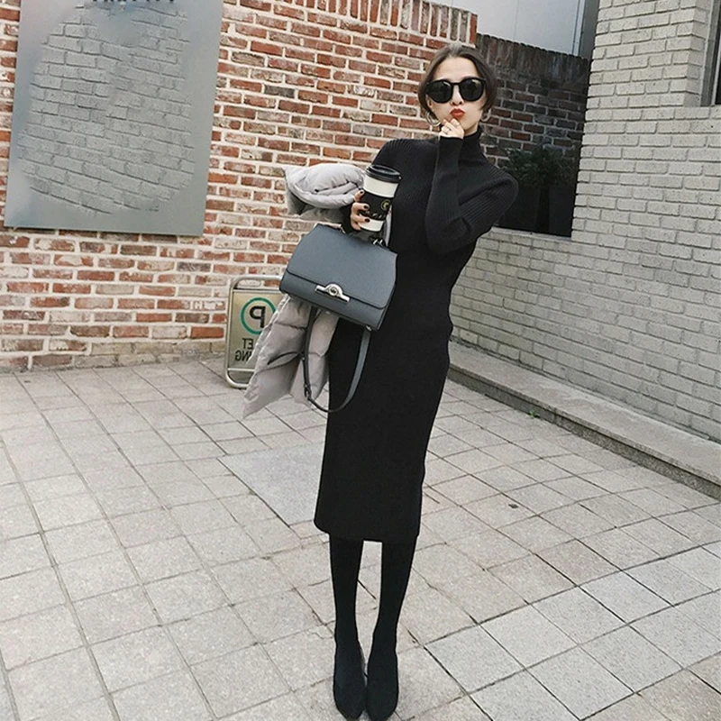 

New Autumn Winter Women Knitted Dress Turtleneck Sweater Dresses Lady Slim Bodycon Long Sleeve Bottoming Dress Vestidos 6371#