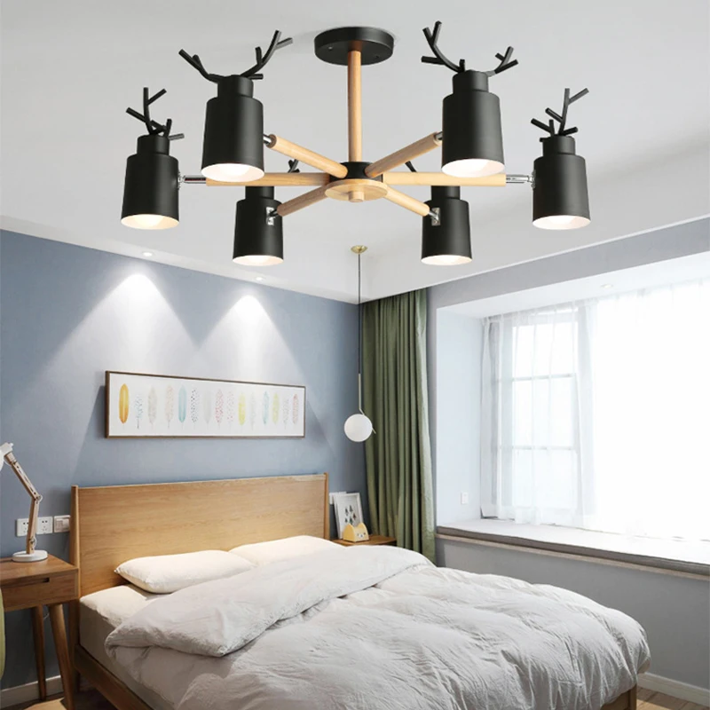 

Nordic log living room bedroom chandelier E27 led metal lampshade creative personality kitchen&restaurant warm antler chandelier